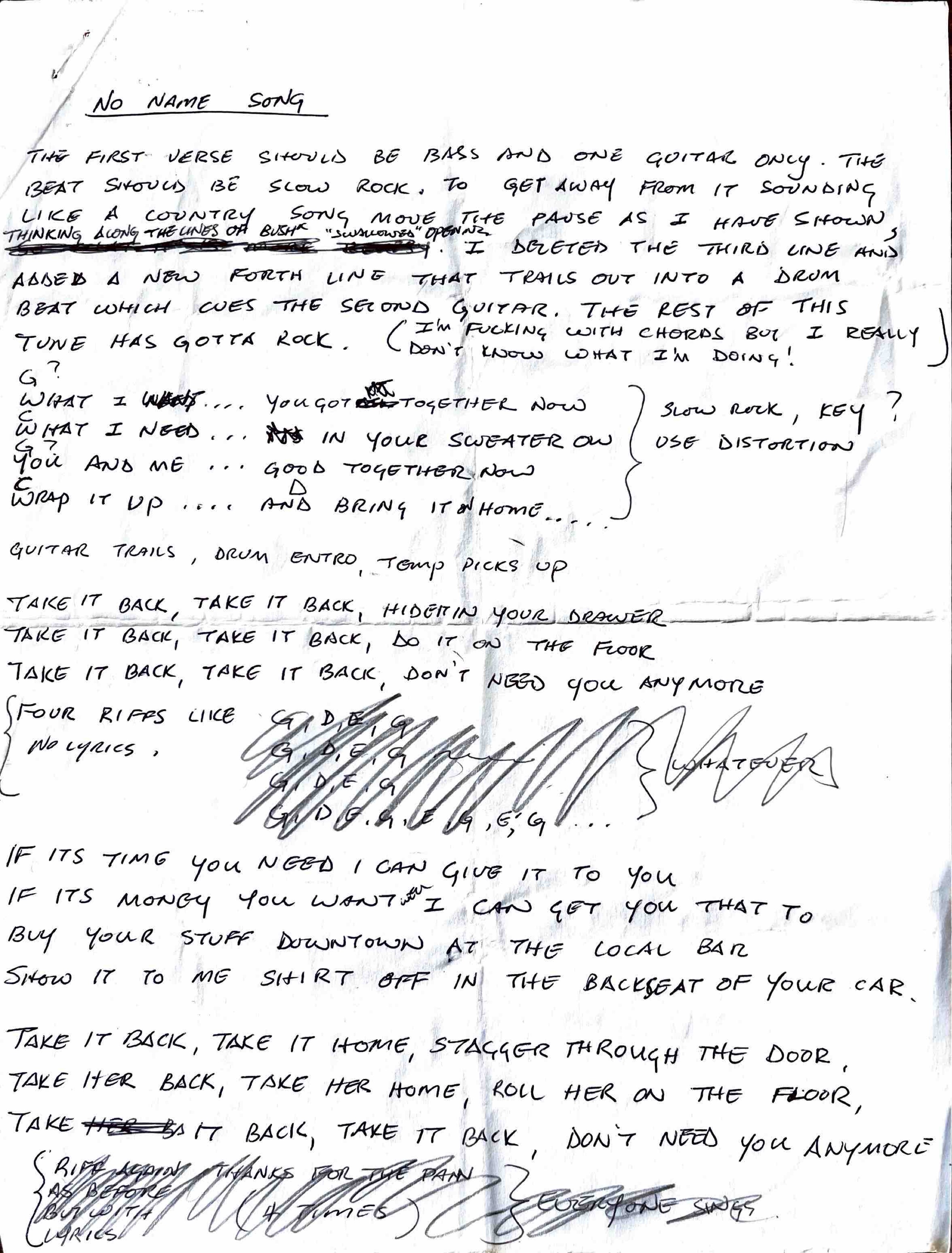 Handwritten lyrics for Disciples of Dysfunction - page 1