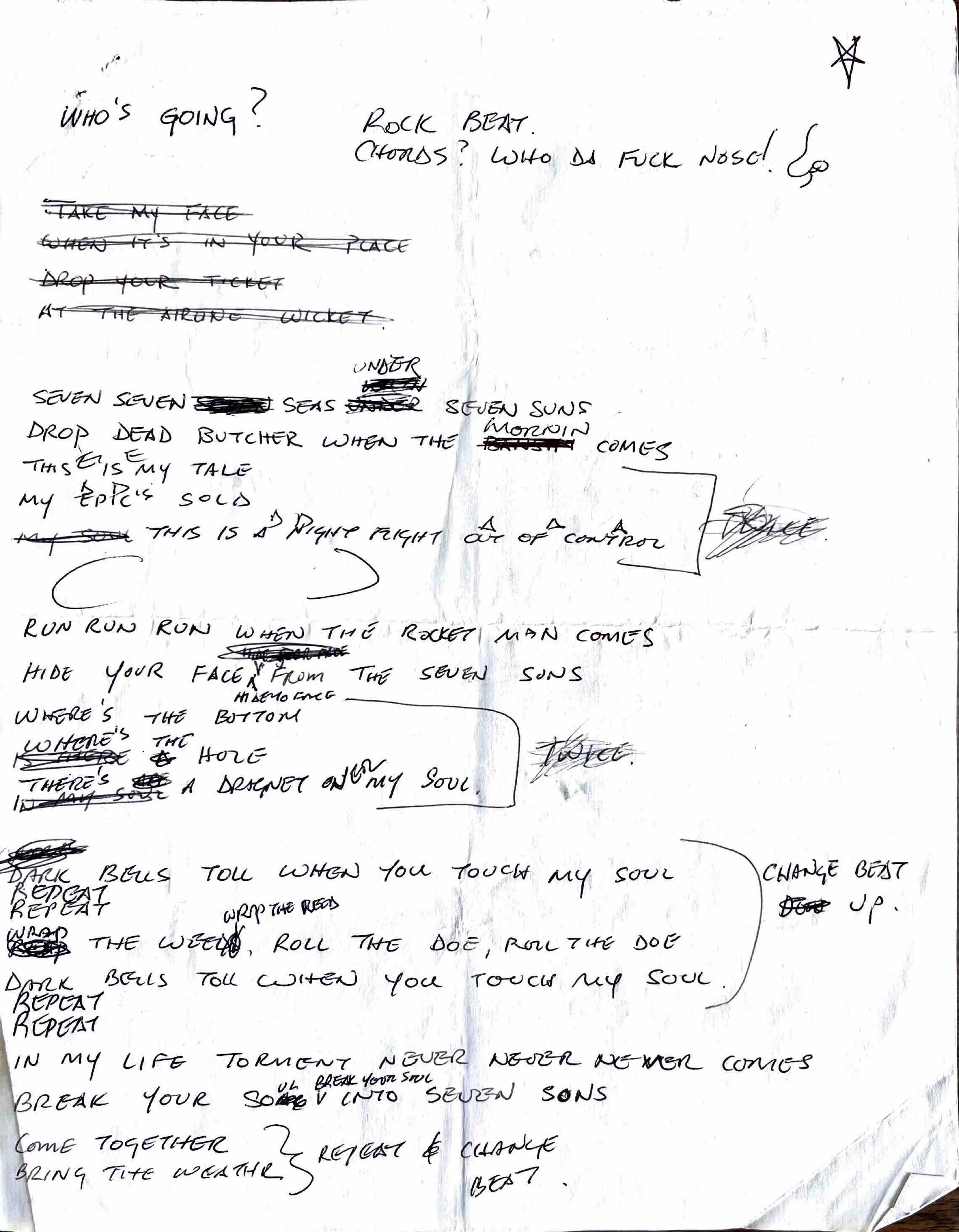 Handwritten lyrics for Who's Going - page 1